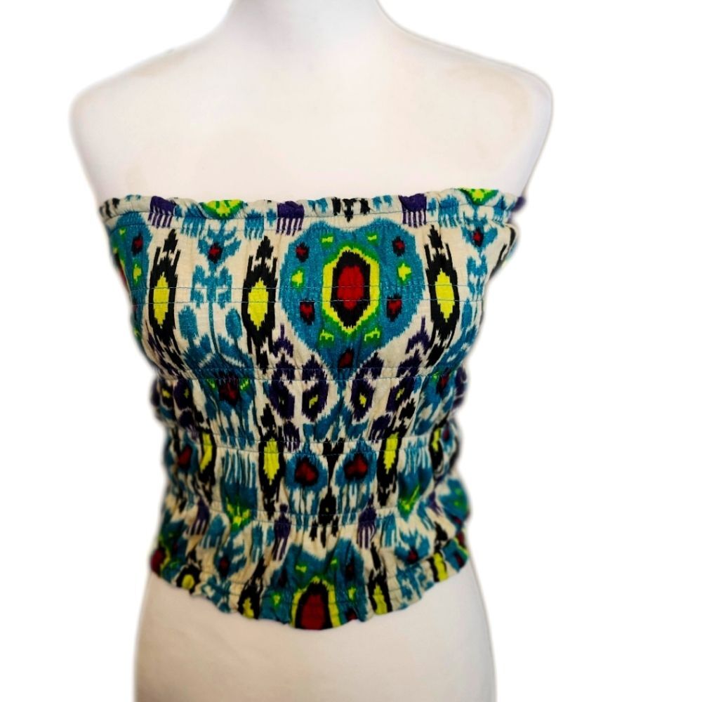 Anthropologie Turquoise Pattern Smocked Tube Top, XS